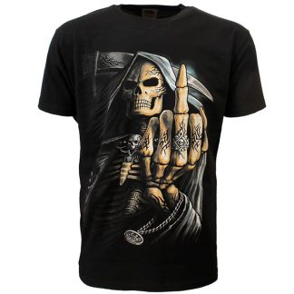 Grim Reaper Tribal Middle Finger T-Shirt Black / Grey