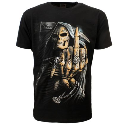Grim Reaper Tribal Middle Finger T-Shirt Black / Grey
