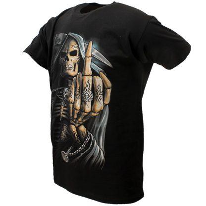 Grim Reaper Tribal Middle Finger T-Shirt Black / Grey - Image 2