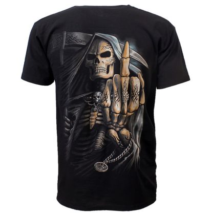 Grim Reaper Tribal Middle Finger T-Shirt Black / Grey - Image 3