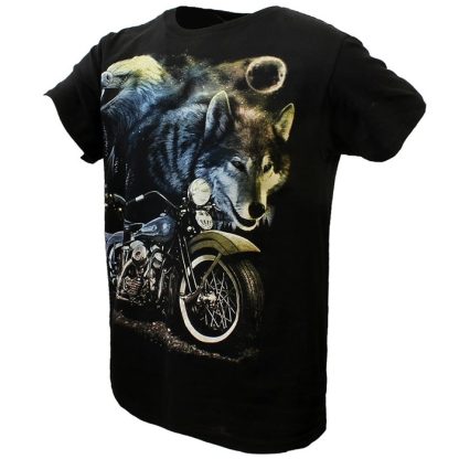 Wolf Eagle and Motorcycle in the Night T-Shirt Black - Image 2