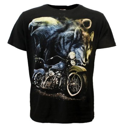 Wolf Eagle and Motorcycle in the Night T-Shirt Black - Image 3