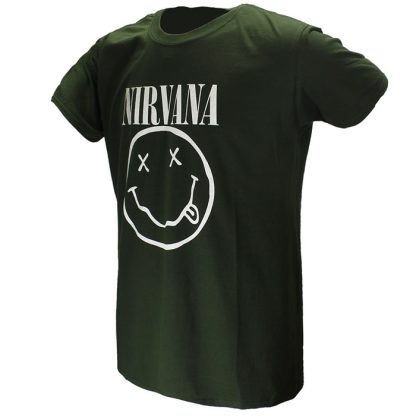 Band Merchandise Nirvana White Smiley Dark Green T-Shirt - Image 2