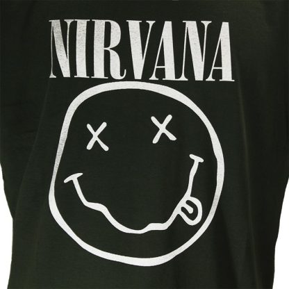 Band Merchandise Nirvana White Smiley Dark Green T-Shirt - Image 3