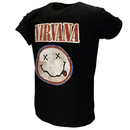 Band Merchandise Nirvana Distressed Logo Smiley T-Shirt - Image 2