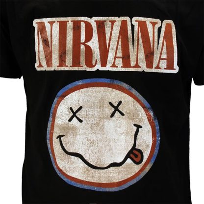 Band Merchandise Nirvana Distressed Logo Smiley T-Shirt - Image 3