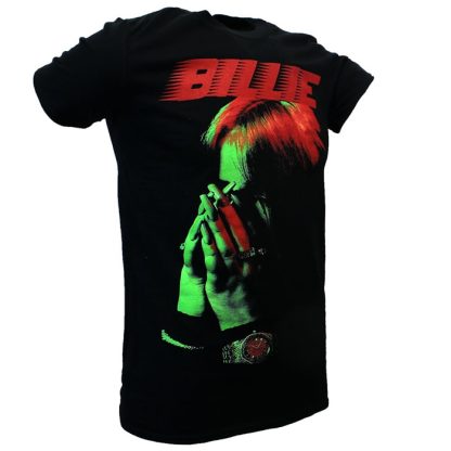 Band Merchandise Billie Eilish Hands Face Neon T-Shirt - Image 2