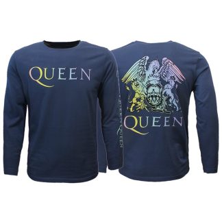 Band Merchandise Queen Rainbow Crest Denim Blue Longsleeve T-Shirt