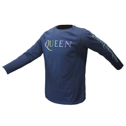 Band Merchandise Queen Rainbow Crest Denim Blue Longsleeve T-Shirt - Image 2