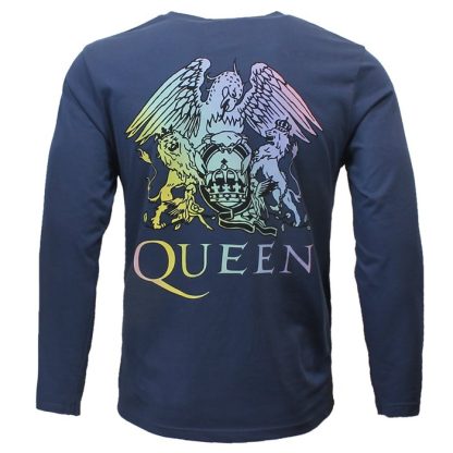 Band Merchandise Queen Rainbow Crest Denim Blue Longsleeve T-Shirt - Image 3