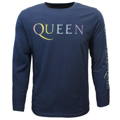 Band Merchandise Queen Rainbow Crest Denim Blue Longsleeve T-Shirt - Image 4