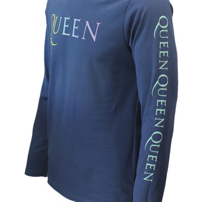 Band Merchandise Queen Rainbow Crest Denim Blue Longsleeve T-Shirt - Image 5