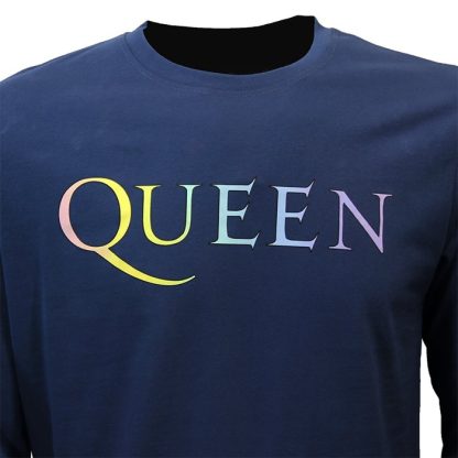 Band Merchandise Queen Rainbow Crest Denim Blue Longsleeve T-Shirt - Image 6