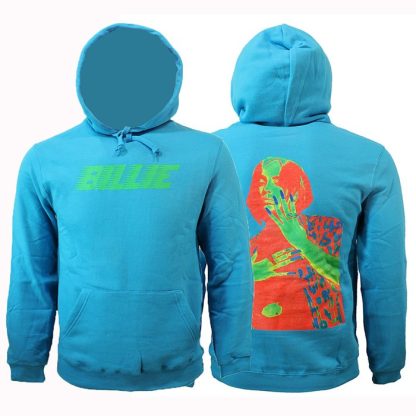 Band Merchandise Billie Eilish Thermal Photo Neon Logo Hoodie Sweater Pullover Blue