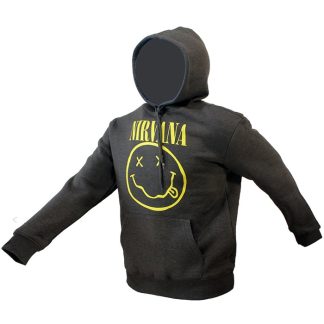 Band Merchandise Nirvana Classic Smiley Logo Hoodie Pullover Sweater Charcoal Grey