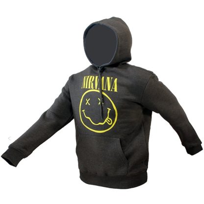 Band Merchandise Nirvana Classic Smiley Logo Hoodie Pullover Sweater Charcoal Grey