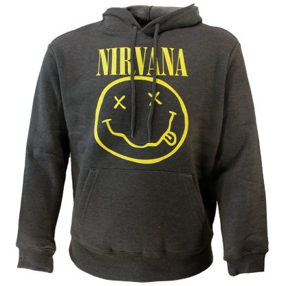 Band Merchandise Nirvana Classic Smiley Logo Hoodie Pullover Sweater Charcoal Grey - Image 2