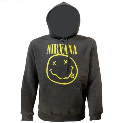 Band Merchandise Nirvana Classic Smiley Logo Hoodie Pullover Sweater Charcoal Grey - Image 3